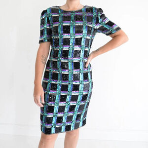 Leslie Fay Black w Purple Teal Sequin Evenings Short Sleeve Shift  Midi Dress 8
